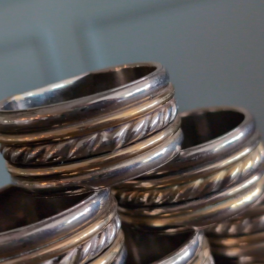 10 Vintage Silver Gold Tone Napkin Rings Set Heavy Metal Rope Twist Design